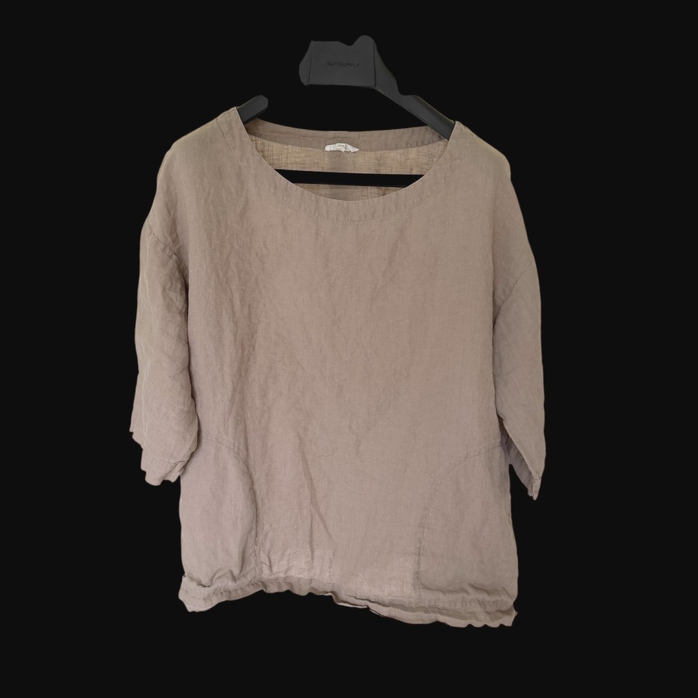 Eileen Fisher 100% Irish Linen Boxy Scoop Neck Top Taupe Brown Small
